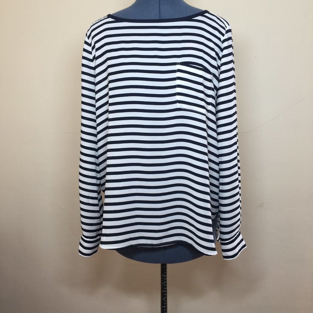 Ann Taylor Loft Women's Navy and Cream Striped Shirt Size M